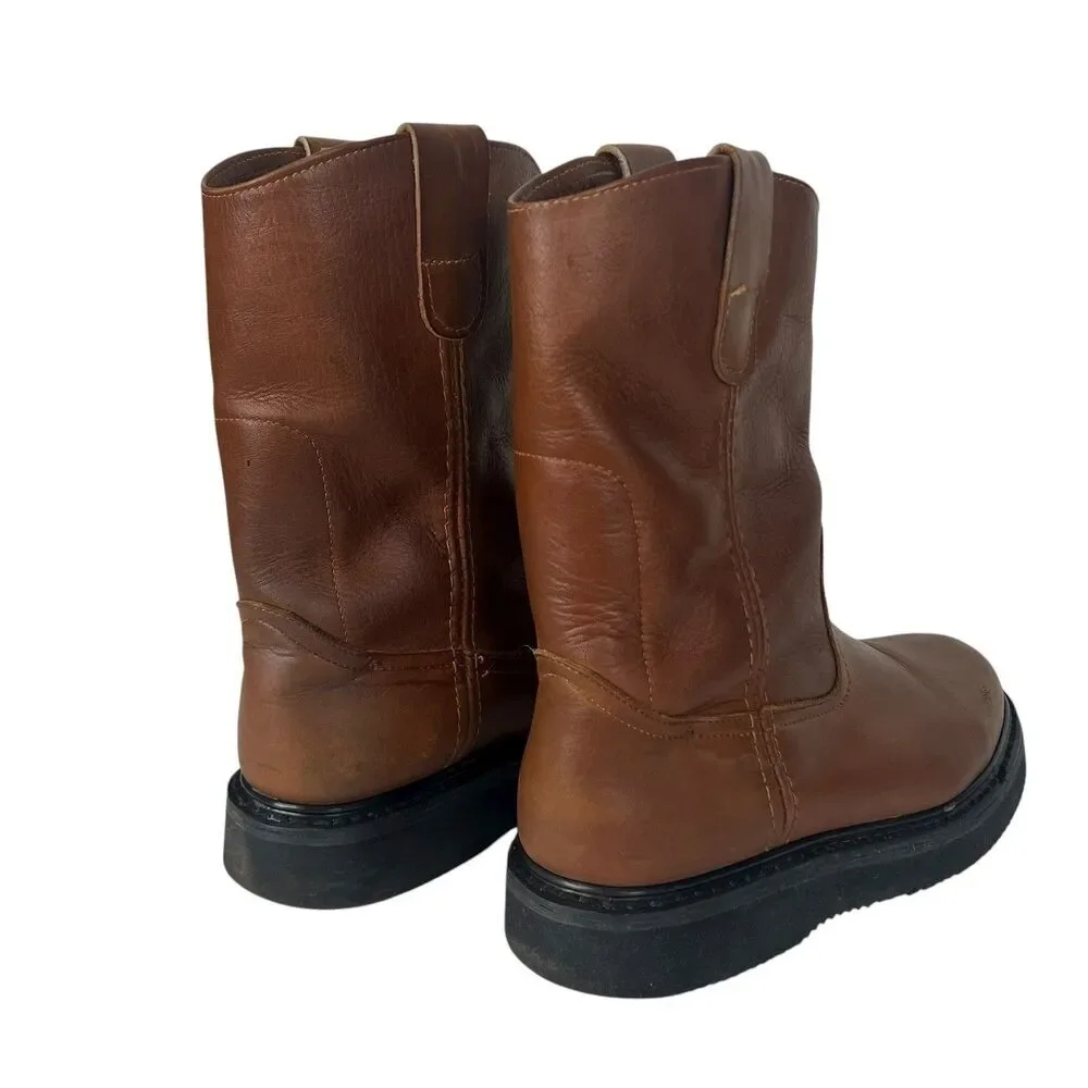 Mens Brown Leather Pull On Work Boots Thick Sole Western Style Size 7.5
